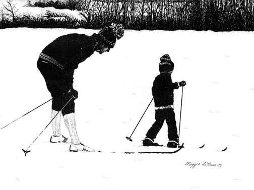 The Beginner - Skiing pen and ink art