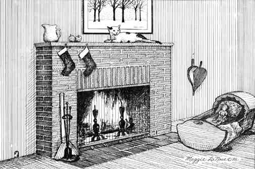 Fireplace with stockings hung old fashioned line art