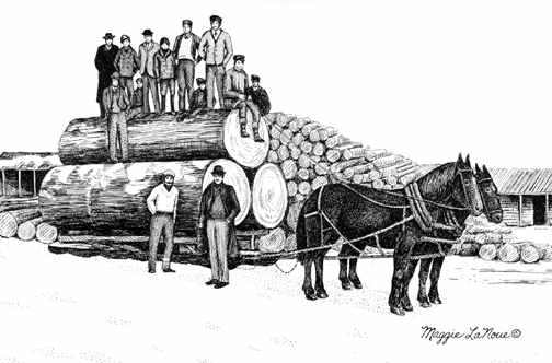 loggers with horses line art