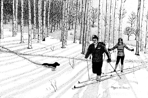Skiiers with dog