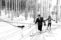 Skiers with Dog